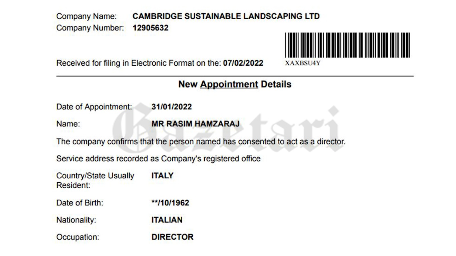 Rasim Hamzaraj caktohet drejtor te kompania "Cambridge Sustainable Landscaping" ltd, e cila është në zotërim të Klodian Allajbeut.