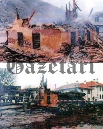 Foto e djegies së godinës së Lidhjes më 27 mars 1999 nga forcat serbe.
