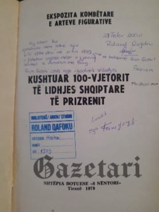 Firma e Feim Gashit dhe shënimi për historinë e ruajtjes së këtij libri nën tokë që nga vitit 1979 deri në vitin 1999.