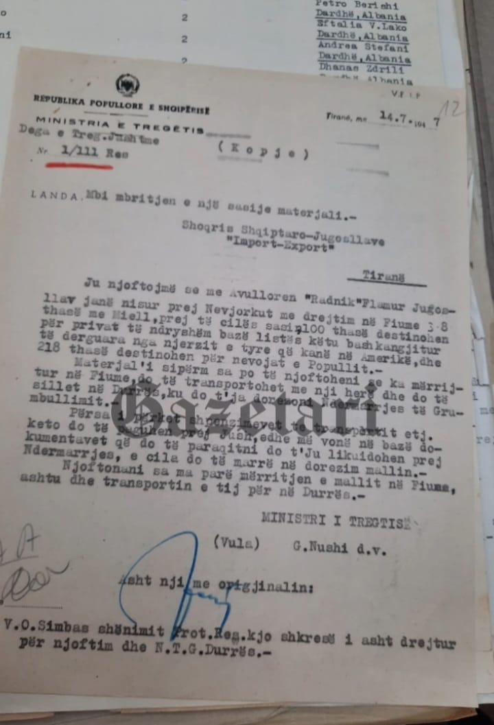 1. Dokumenti që tregon për njoftimin e ministrit të Tregtisë Gogo Nushi lidhur me dërgimin e një sasie me miell nga SHBA për ndihmë drejt Shqipërisë.